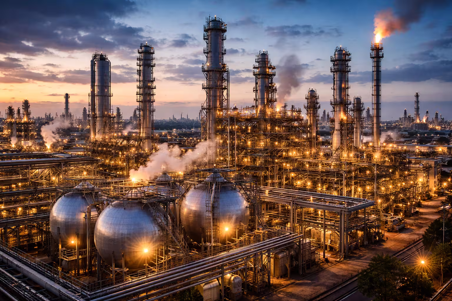 Industrial chemical plant facility with storage tanks and processing towers representing energy and chemical sector risk management